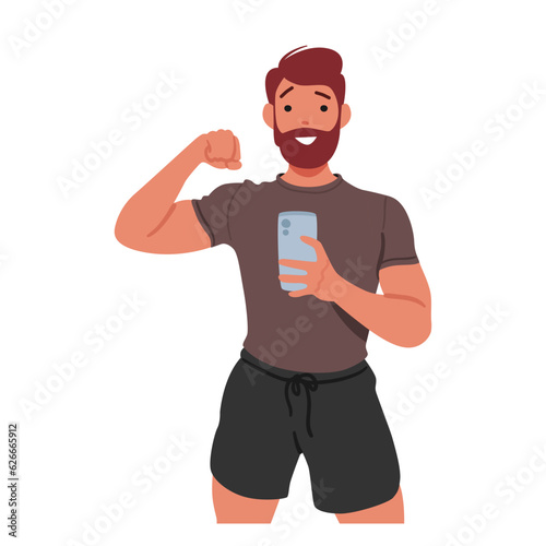 Man Taking A Gym Selfie, Capturing His Fitness Journey, He Poses Confidently In Front Of The Mirror, Vector Illustration