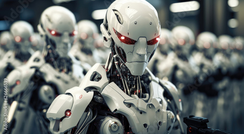 Science fiction soldiers, robotics army, industrial group of cyborg machines. AI robotic team, artificial intelligence technology concept. High quality illustration.