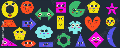 Figure character shape set for math education. Cute smile character geometric for child learn. Figure math with emoji face for kindergarten game. Vector cartoon illustration design.