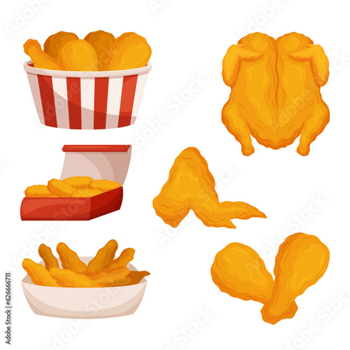 Crispy, Flavorful Fried Chicken Drumsticks, Wings, Nuggets and Whole Body, Served In A Fast Food Setting, Vector