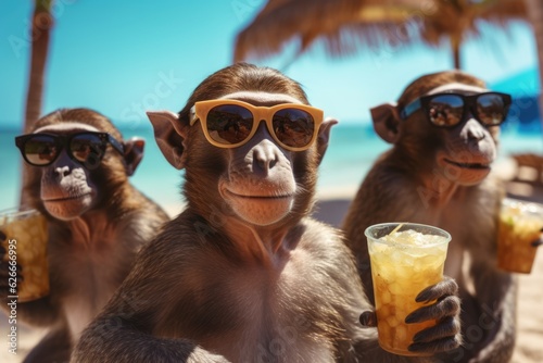 Three monkeys with a cocktail on the tropical beach. AI generative art