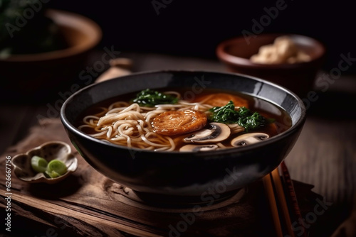Thai noodles bowl with mushrooms. Restaurant serving. Menu photo. Generative AI.
