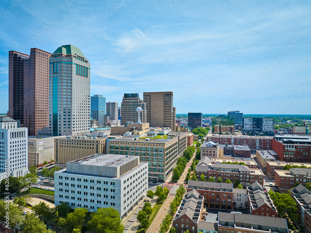 Aerial of downtown Columbus Ohio office buildings and apartments