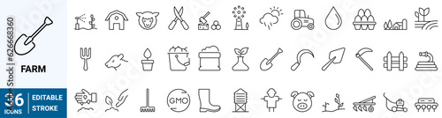 Set of 36 line icons related to farm, farming, gardening, agriculture. Outline symbols collection. Editable stroke. Vector illustration
