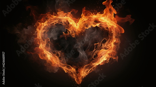 Burning heart made of bright flames with dark background