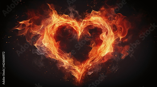 Burning heart made of flames wirh dark background