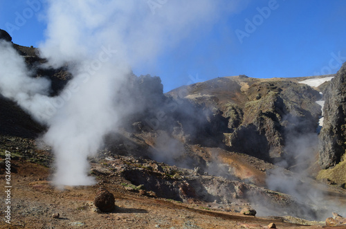 Geothermal Fumaroles with Hot Steam Rising Up in Iceland