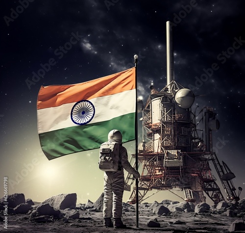 Photo Chandrayaan 3 ,  astronaut with indian flag on moon. Ai generated