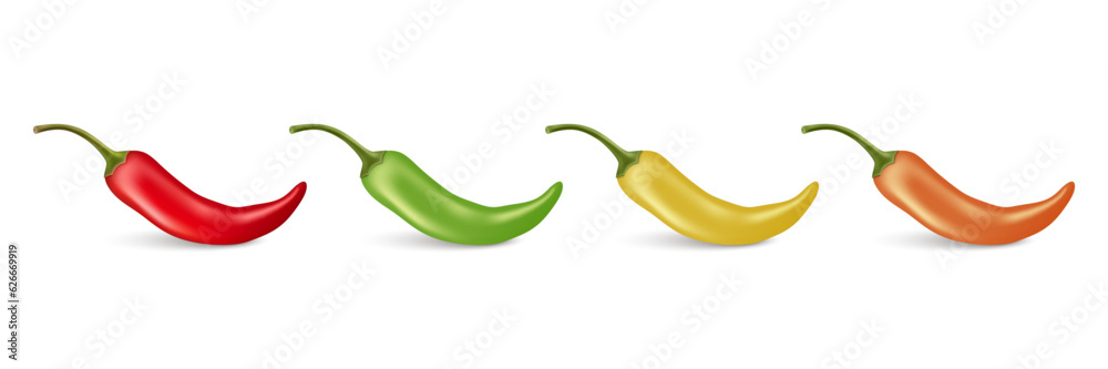 Vector 3d Realistic Red Whole Fresh and Hot Chili Pepper Closeup Isolated. Spicy Chili Hot or Bell Pepper Design Template. Front View. Vector Illustration