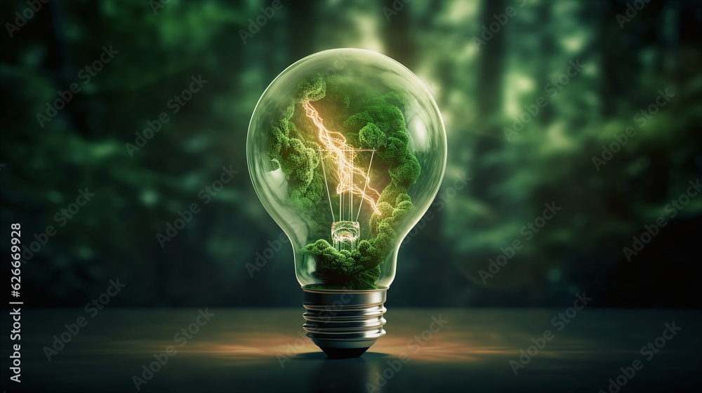 Light bulb with green renewable energy and electric light - obrazy, fototapety, plakaty 