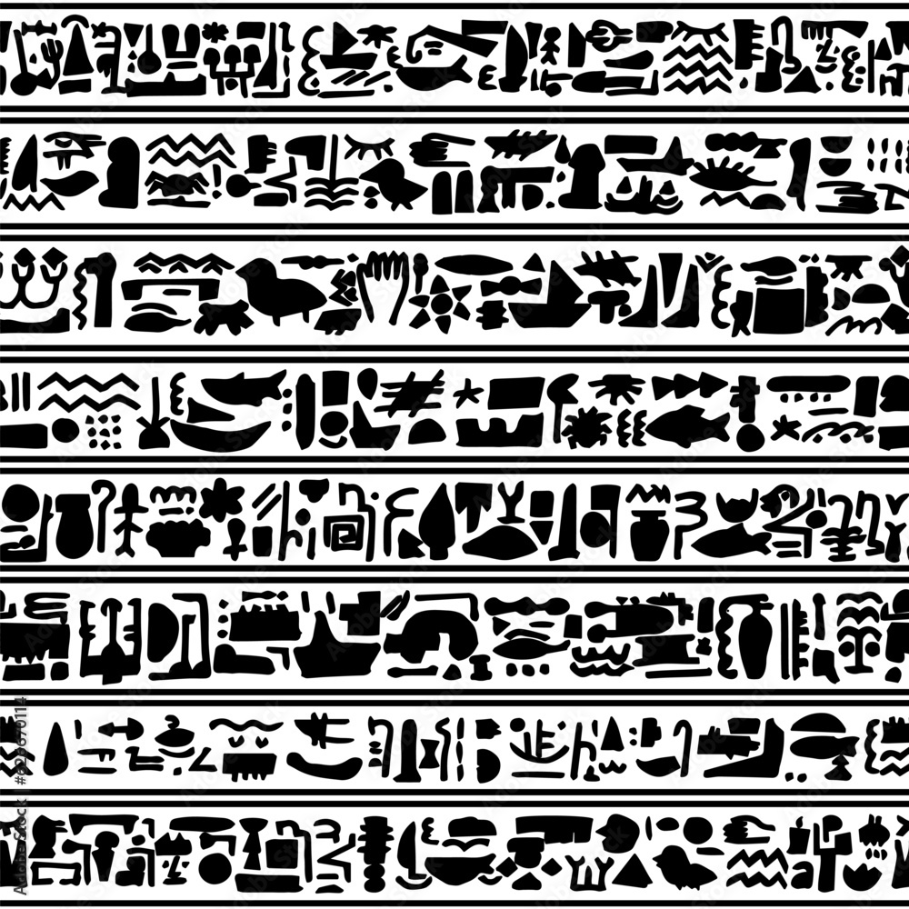 Symbols similar to Egyptian hieroglyphs. Monochrome line black white vector seamless pattern border