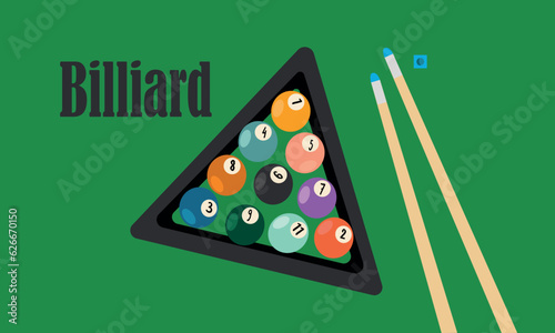 illustration of a pool billiard on green table. Pool billiards tournament announcement poster of color balls on green table. Vector design for billiards championship for sport game players