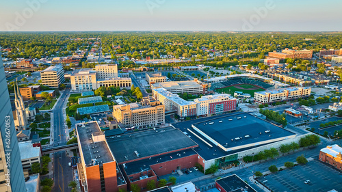 Downtown aerial Fort Wayne Parkview Field baseball diamond botanical conservatory architecture