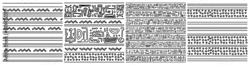 Egypt theme set of seamless patterns. Black white vector hand drawn group of prints with symbols like hieroglyphs