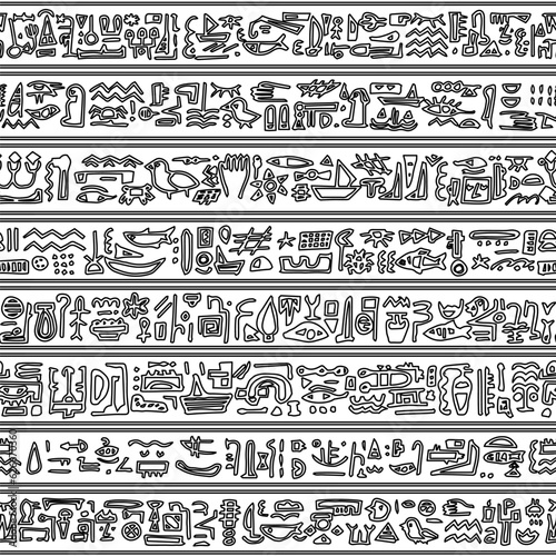Vector trendy simple hand-drawn illustration of a seamless pattern border with symbols resembling Egyptian hieroglyphs on a white background