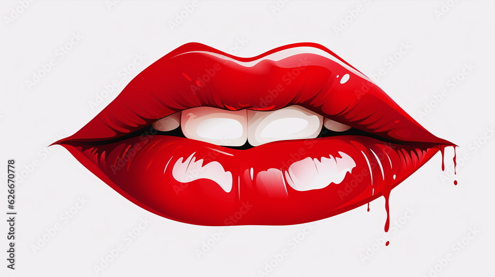 Close up of open female mouth with red lips and white teeth, white background Close up of open female mouth with red lips and white teeth, white background