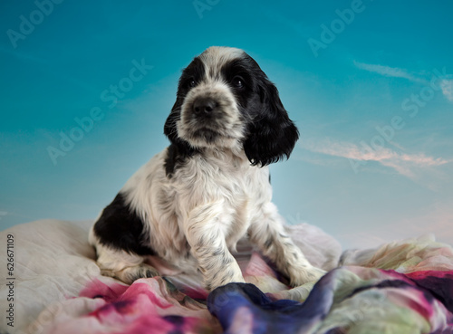 Portrait of an English Cocker spaniel puppy. Girl. The color of the roan is blue. Age 2 months. The puppy sits and looks into the frame.