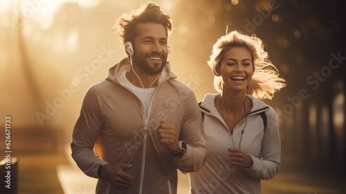 A romantic couple is jogging together in the morning sunrise.