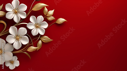 abstract white and gold floral pattern on red background, generative ai