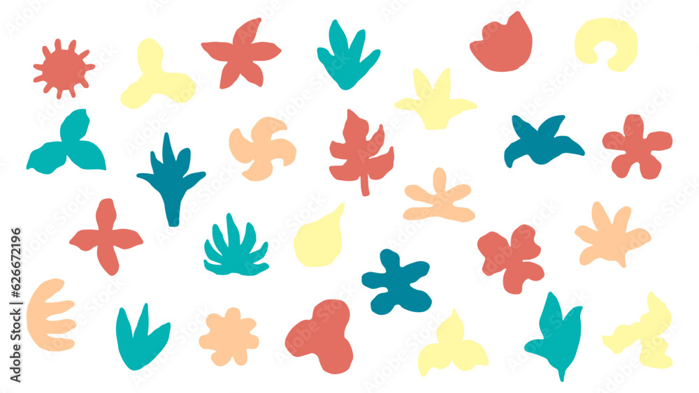 Abstract spots, natural floral figures, doodles in cartoon and memphis style. For decorating and design in soft multi-coloured tones. Wallpaper, web background, fabric design, print, textile. Vector