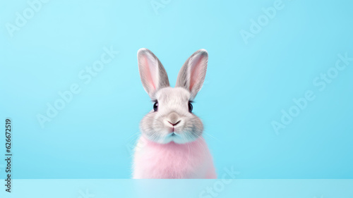 Advertising portrait, banner, funny gray rabbit with pink collar, staright look, isolated on blue background
