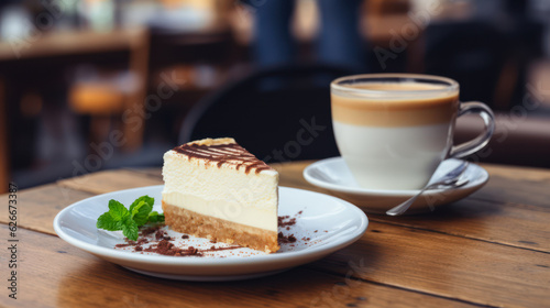 Fototapeta Naklejka Na Ścianę i Meble -  A cup of coffie and a piece of cheesecake, on a wooden table in a cafe