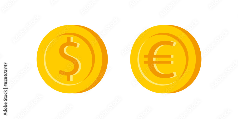 Vector set icons of golden coin in flat style. Dollar and Euro.