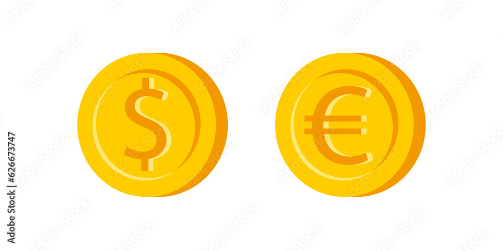 Vector set icons of golden coin in flat style. Dollar and Euro. Vector set icons of golden coin in flat style. Dollar and Euro.