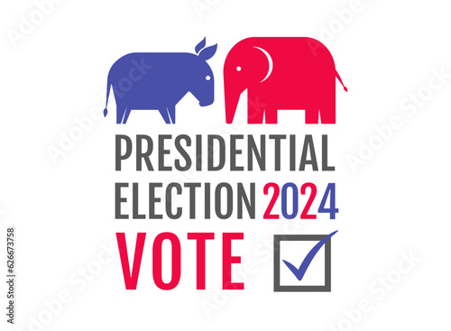 Vector vintage banner for 2024 presidential election in USA. Vector illustration of donkey and elephant. Vote 2024 American election.