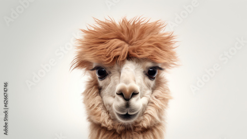 Advertising portrait, banner, funny classic alpaca with nice haircut, looks straight, isolated on gray background © NK Project