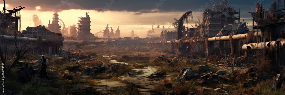 Obraz premium Post-apocalyptic wasteland where nature has reclaimed the land. Dystopic overgrown buildings. Ruins of a decaying city. Generative AI.