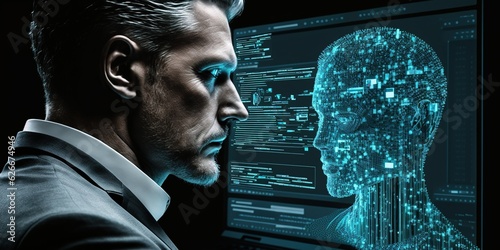 A businessman analyzes financial data on his laptop, with a digital tech overlay on his head, symbolizing the fusion of finance and technology.

