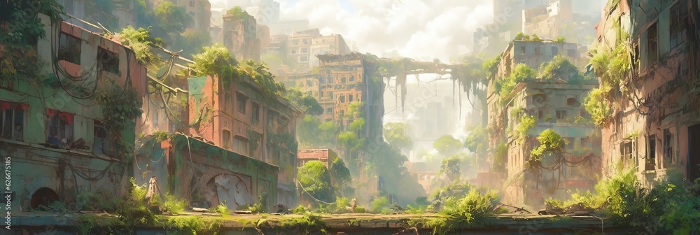 Post-apocalyptic wasteland where nature has reclaimed the land. Dystopic overgrown buildings. Ruins of a decaying city. Generative AI. - obrazy, fototapety, plakaty 
