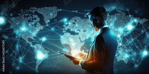 A businessman taps into global network connections using a digital tablet, with a world map backdrop emphasizing international reach.