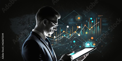 In a business setting, a businessman uses a digital tablet to analyze data, highlighting the integration of technology in modern commerce.