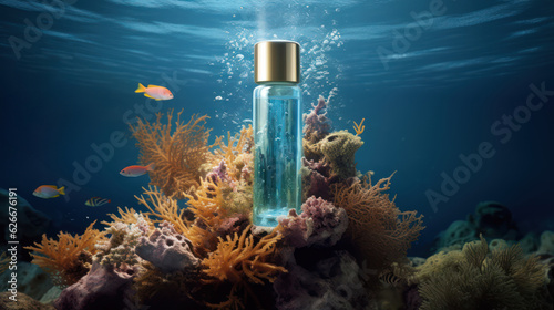 A blue bottle of beauty product presented as an unbranded mocap underwater. Advertising banner © NK Project