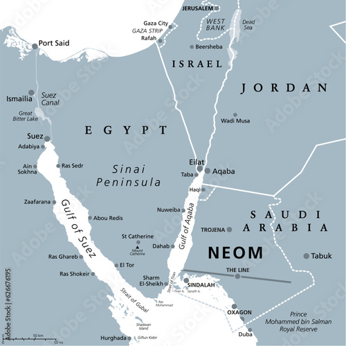 NEOM and Sinai Peninsula, gray political map. Neom, a planned smart city in Tabuk Province in northwestern Saudi Arabia, north the Red Sea, east of Egypt, across the Gulf of Aqaba and south of Jordan. photo