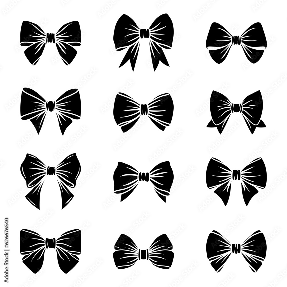 Vector Black and White Bow Tie or Gift Bow Silhouette, Cut Out Icon Set Isolated on White Background. Bows Collection. Bow Shape Design Template
