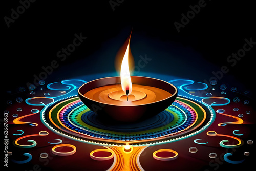 Burning Diwali diya oil lamp with multicolour pattern