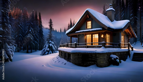 Winter landscape with woods and house in snow at dusk