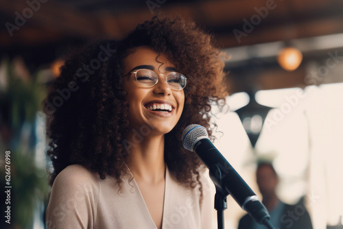 Young African American woman engaged in a first-time public speaking event, filled with genuine emotion and feelings