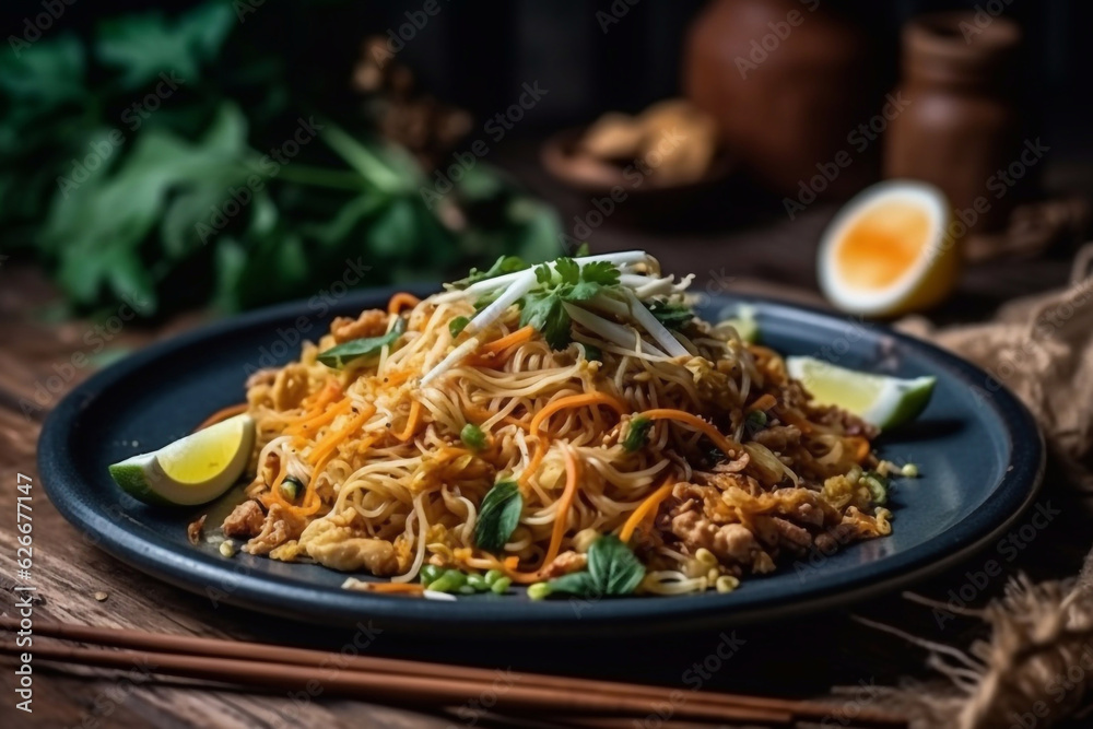 Thai noodle bowl. Restaurant serving. Menu photo. Generative AI. Thai noodle bowl. Restaurant serving. Menu photo. Generative AI.