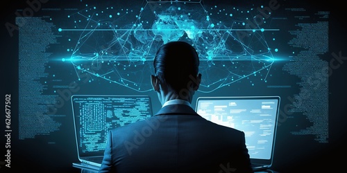 Businessman uses laptop for global networking, data exchange, and digital marketing; emphasizing business intelligence and global investment