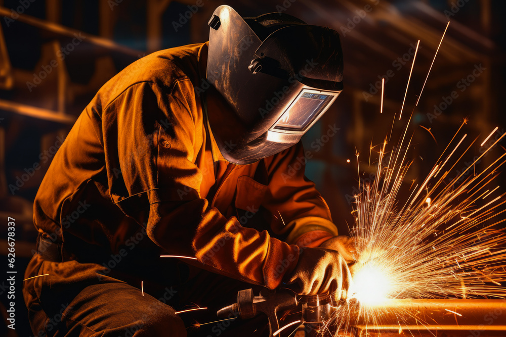 Welder with lots of sparks flying, showcasing a skilled worker working on a metal fabrication project, with safety gear and proper techniques in the welding industry Welder with lots of sparks flying, showcasing a skilled worker working on a metal fabrication project, with safety gear and proper techniques in the welding industry