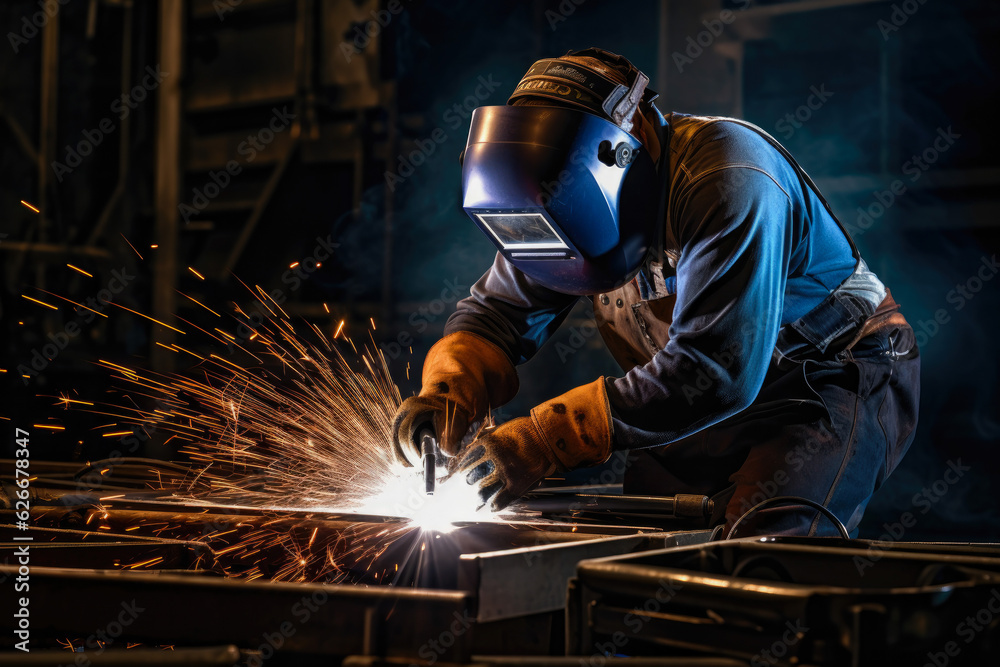 Welder with lots of sparks flying, showcasing a skilled worker working on a metal fabrication project, with safety gear and proper techniques in the welding industry Welder with lots of sparks flying, showcasing a skilled worker working on a metal fabrication project, with safety gear and proper techniques in the welding industry