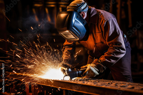 Welder with lots of sparks flying, showcasing a skilled worker working on a metal fabrication project, with safety gear and proper techniques in the welding industry