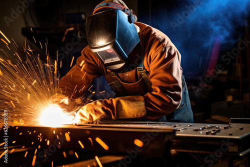 Welder with lots of sparks flying, showcasing a skilled worker working on a metal fabrication project, with safety gear and proper techniques in the welding industry