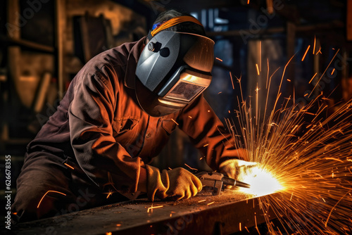 Welder with lots of sparks flying, showcasing a skilled worker working on a metal fabrication project, with safety gear and proper techniques in the welding industry