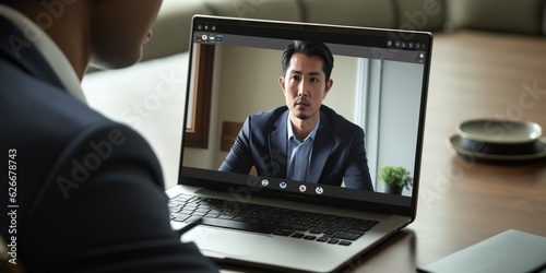 Asian businessman using Zoom for video call on laptop.





