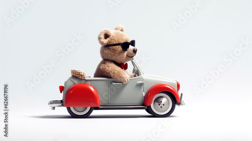 Cool teddy wearing sunglasses driving a retro car